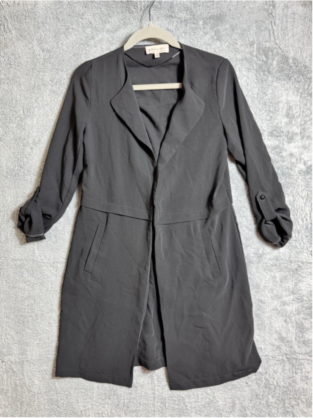 Philosophy Black Open Front Longline Blazer Jacket XS Roll Tab Career Chic